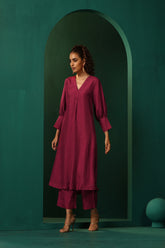 Truebrowns Purple Silk Puff Sleeve Kurta Pant Set